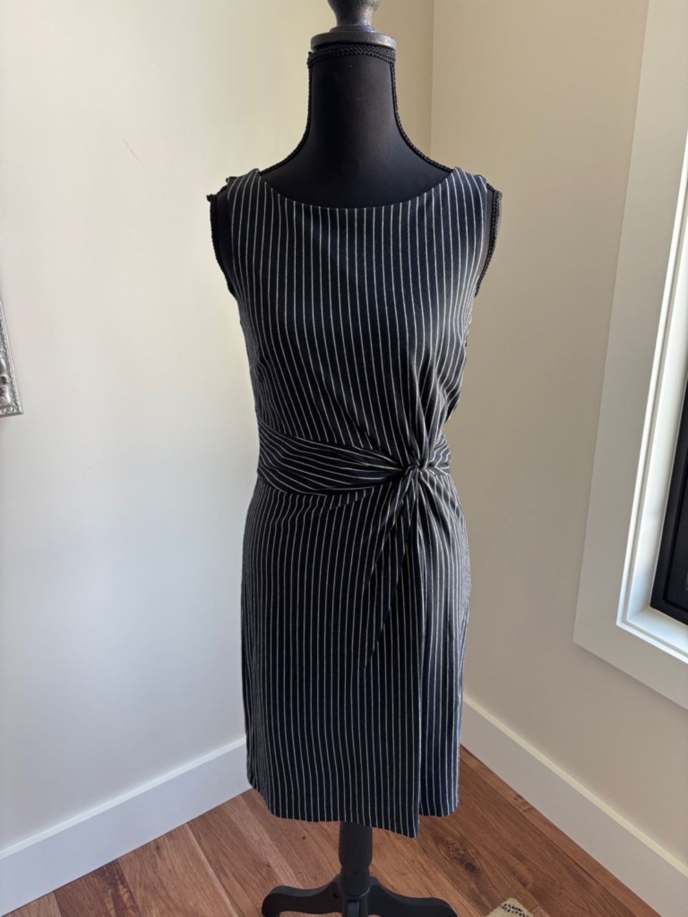 Ann Taylor Black and White Pinstripe Knot Midi Dress
